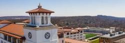 aerial shot of campus over university hall clock tower